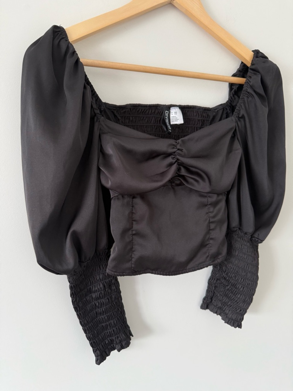 H&M Black Satin Milkmaid Puff-Sleeve Crop Top